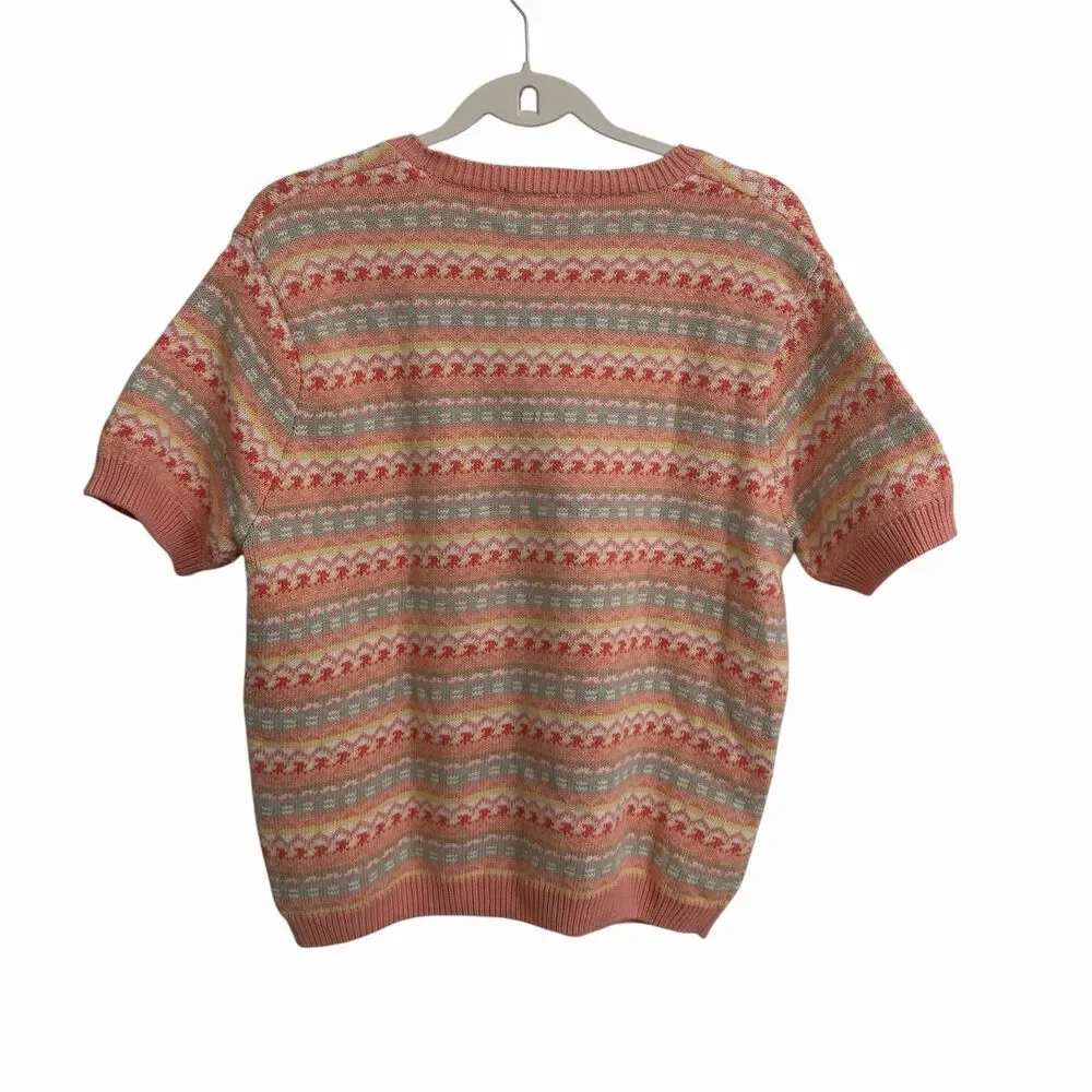 Brooks Brothers Womens XL Fair Isle Knit Sweater‎ Top Pink Cotton Short Sleeve